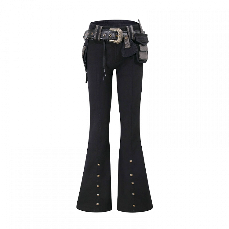 Buckle Waist Studded Cuffs Flared Pants with Black Low Belt