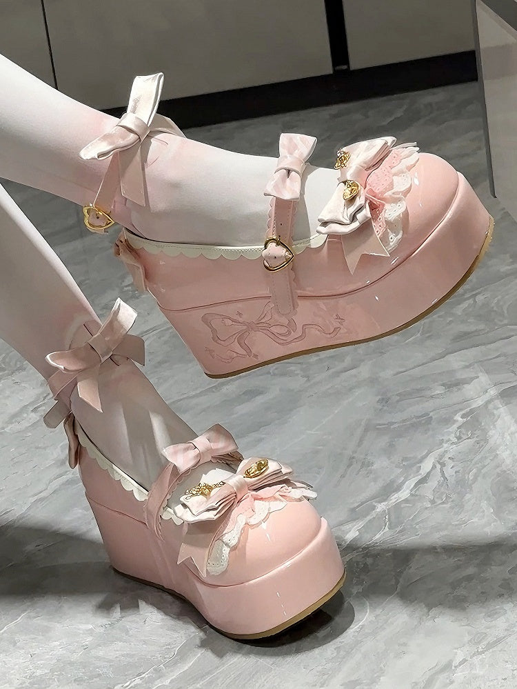Lolita Sweet Pink Platforms Bowknot Decorated Details Spoon