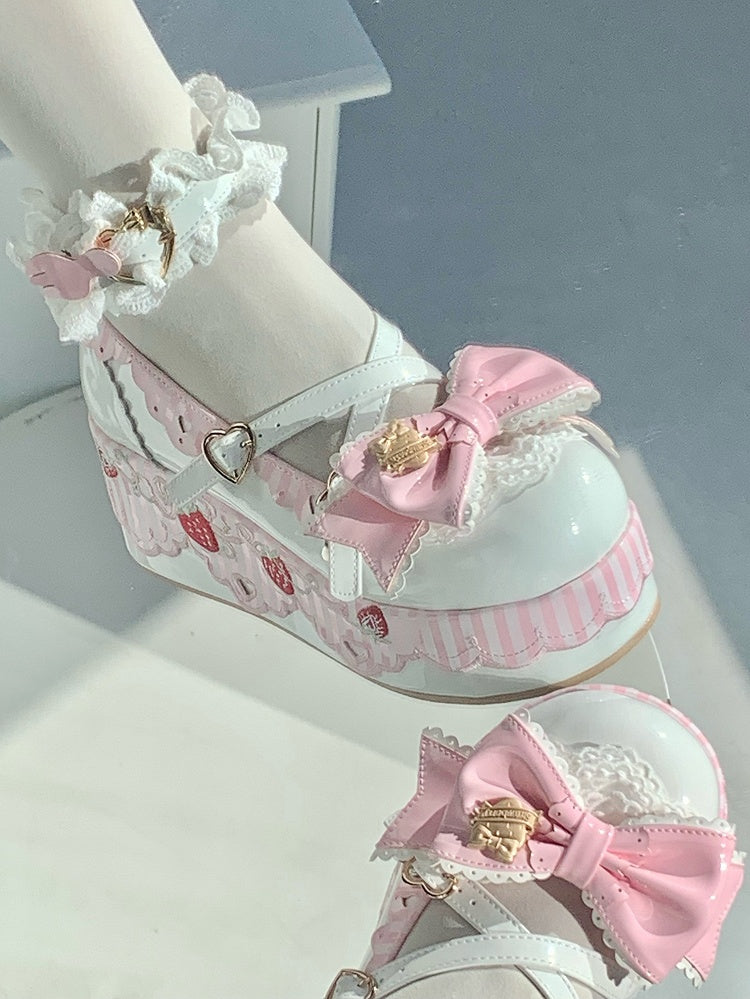 Sweet White Platform Janes Strawberry - Lolita Mary PU Details