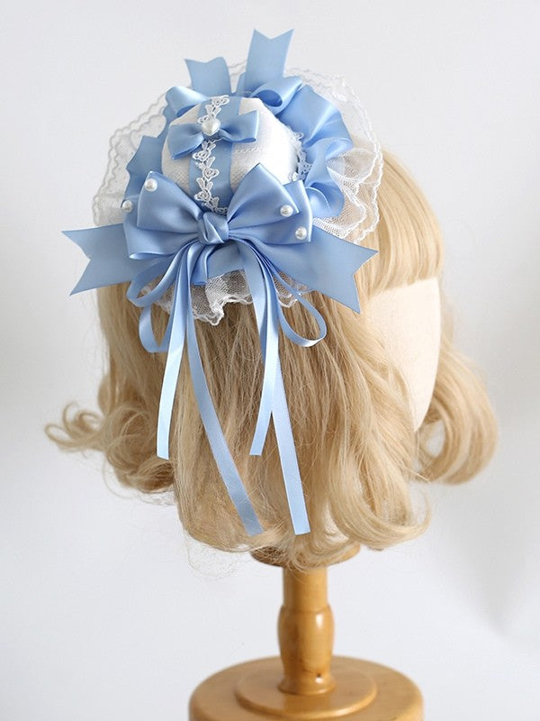 Blau-weiße Clips, Lolita-Dekordetails, süße Spitze, Perlen-Mini mit Hut und Schleife
