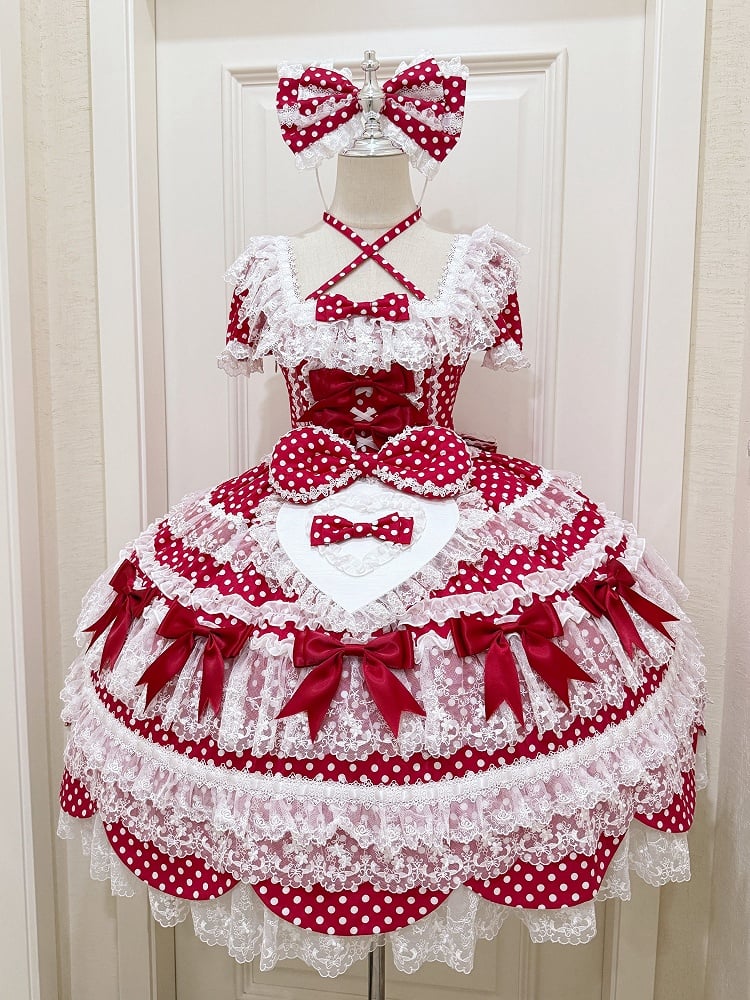 Dress Pattern Old Red Dots Short Polka School Sleeves Bow Accents Lolita