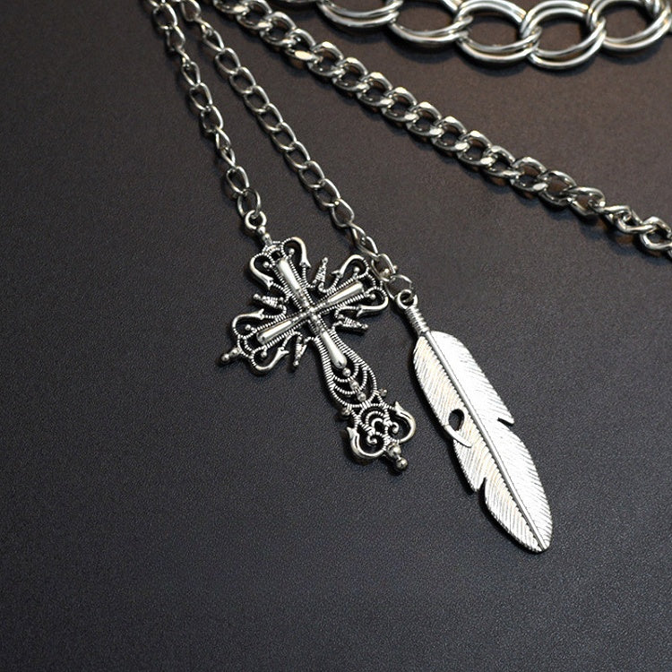 Cyberpunk Gothic Silver Cross Charm Waist Chain+Black Waist Belt