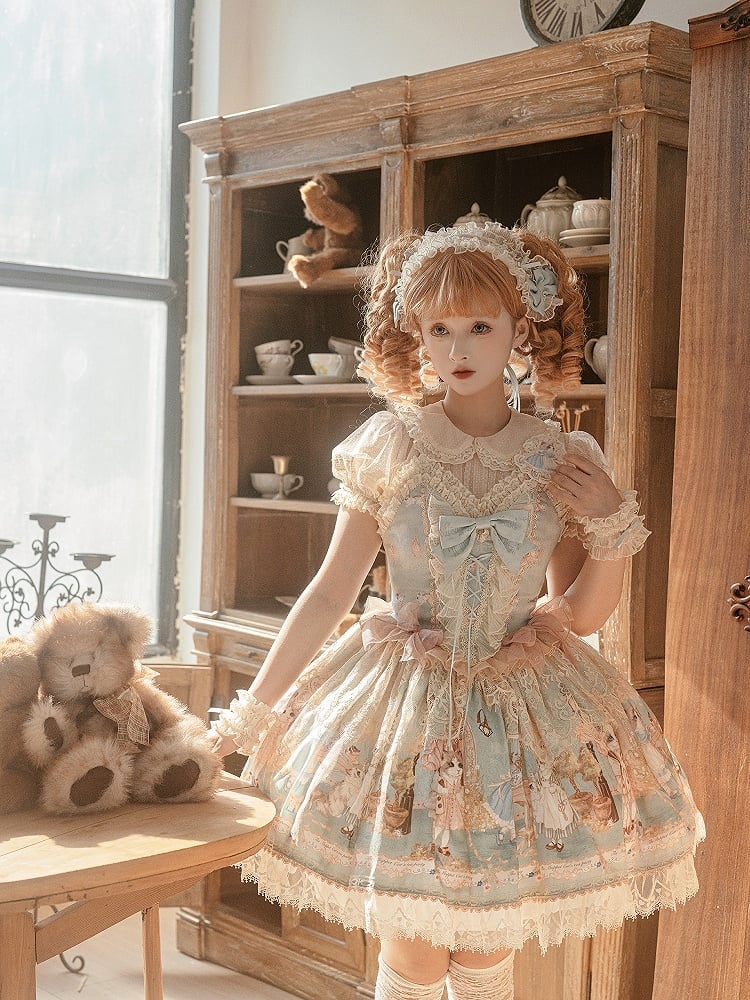 Tea Party Korsett Print Mieder Pullover Kitty Kleid süßer Rock grün Mint Lolita