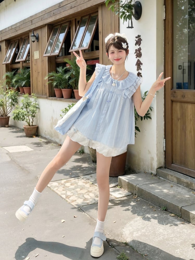 Sweet Tank Top Blue Peter Pan Collar Tiered Flutter Sleeves Bow Buttons
