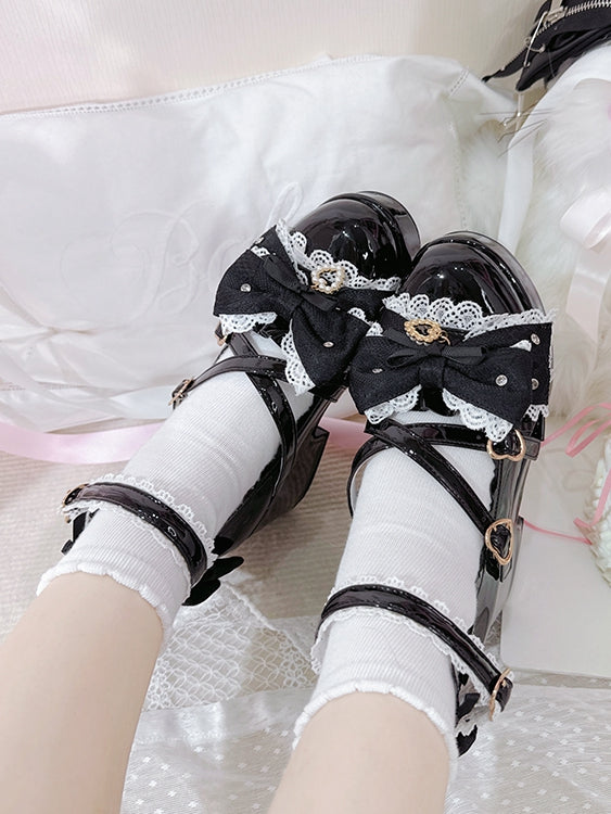 Design Schleife Crisscross Polierte Heels Hohe Schuhe Schwarze Plattform an der Spitze Jirai Herz Block Schnallen Kei