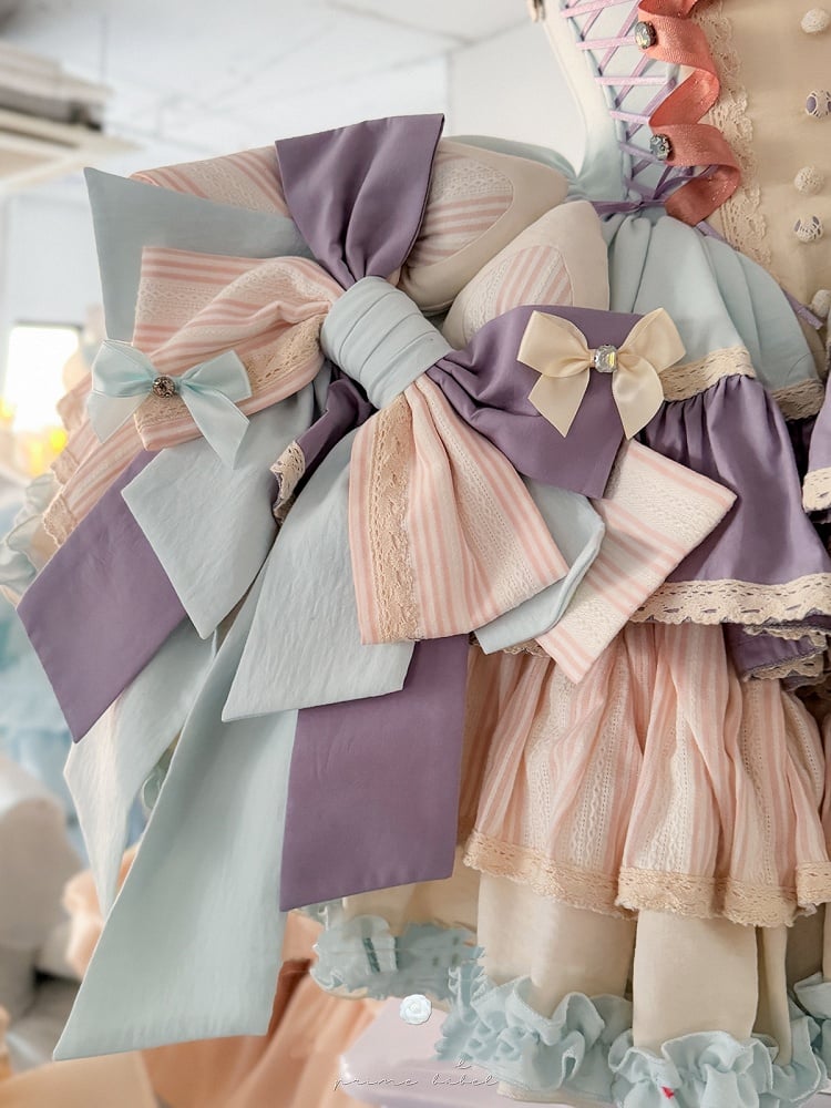 Purple Bowknots Skirt Big Lace-up Basque Waist Tiered Ruffle Sweet Lolita Dress and with Blue on