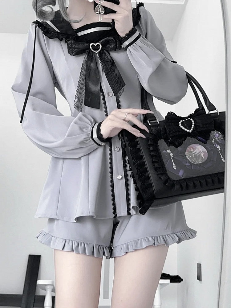 Back Purple Design Ears Tie Jirai Mini Dress + Ruffle Hem Shorts Set- + Bow Dusty Kei Sailor Collar Bunny