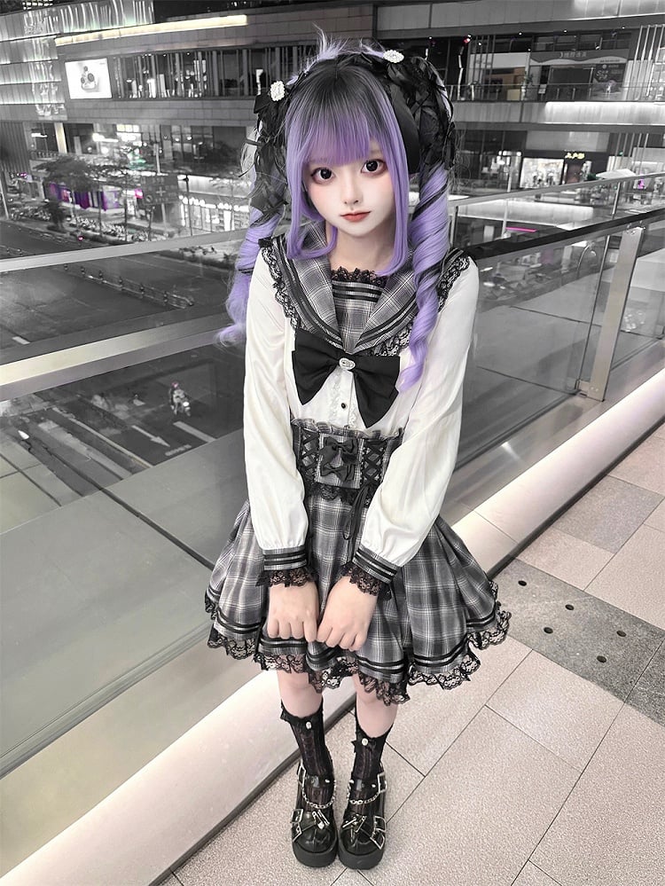 White Gray Kei Long Plaid Collar Sleeves Sailor Blouse Jirai with Bunny-Ear