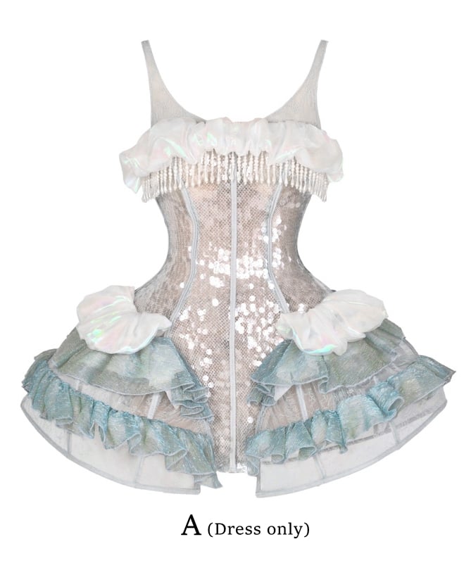 Pailletten Vogelkäfig + Quallen Kleid Overlay Korsett Stäbchen Saum Design Glänzend