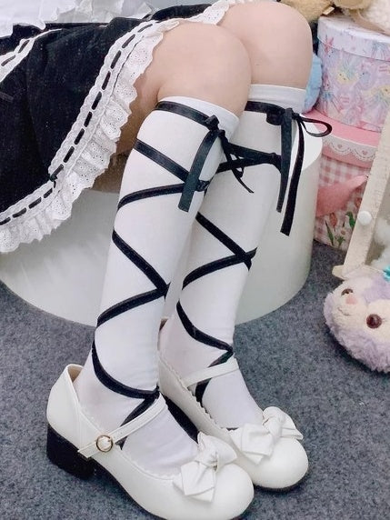 Rosa/Schwarz/Rote Lolita Wadensocken mit Schleife und überkreuztem Band