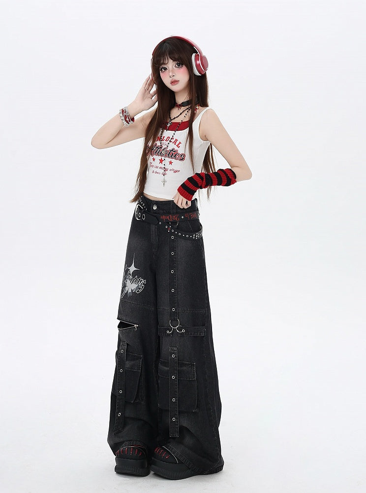 Jeans Black Butterfly Wide-Leg Cargo Print Strap Details Vintage