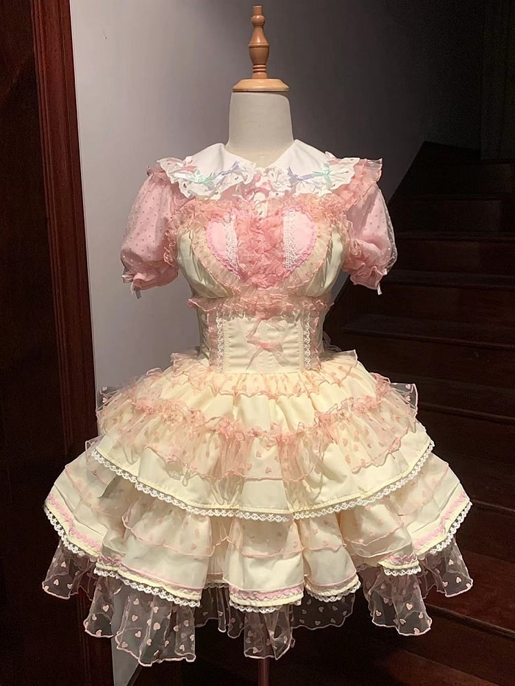 Polka-dot Heart Sweet Ruffled Heart Front Yellow Pink Lolita Dress Pattern