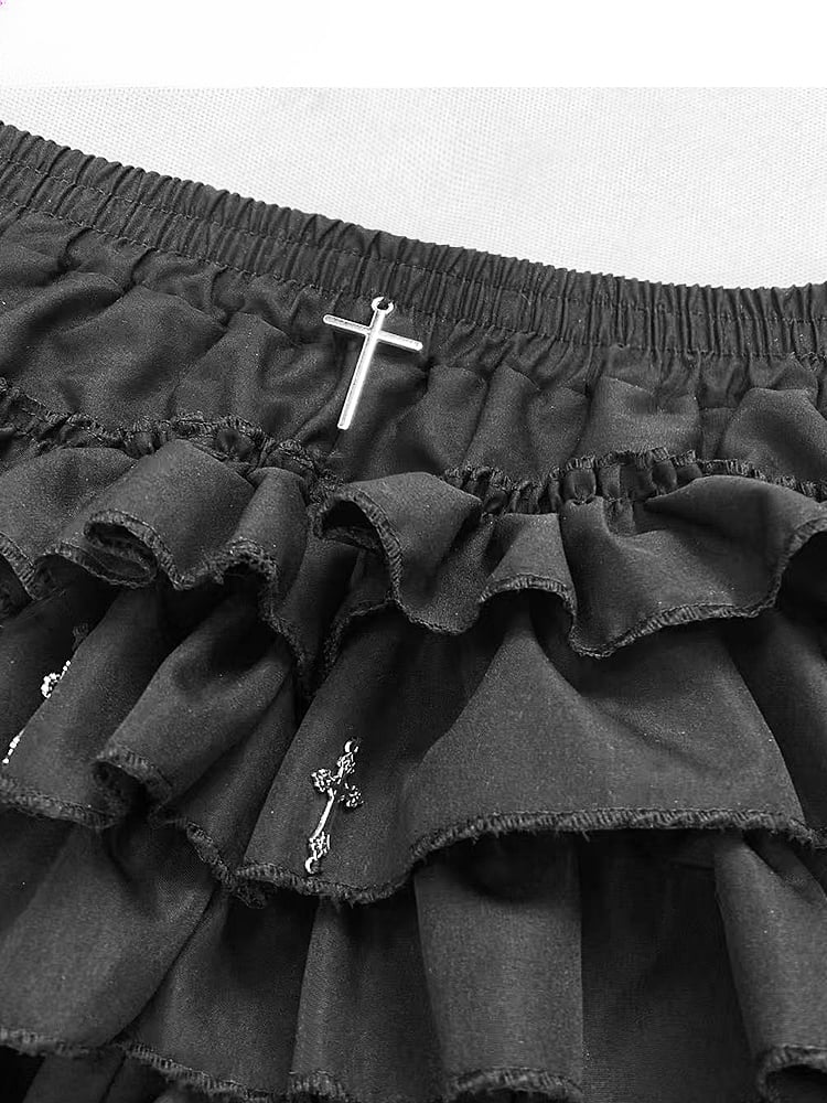 Gothic Schwarz Y2K Hohe Taille Überkreuzter Oberschenkellang Glamourös Gefütterter Stufen-Skort
