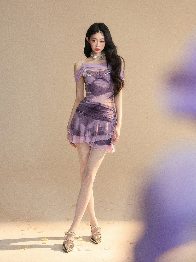 Neckline Butterfly Embroidery Top/Butterfly Accents Applique Glamorous Tiered Skirt Lavender Off-the-shoulder