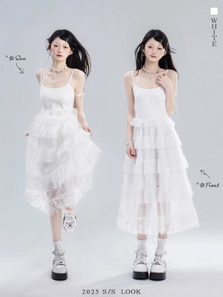 Skirt Cami Dress Waist Chain Sweet White Lace Tiered Free with