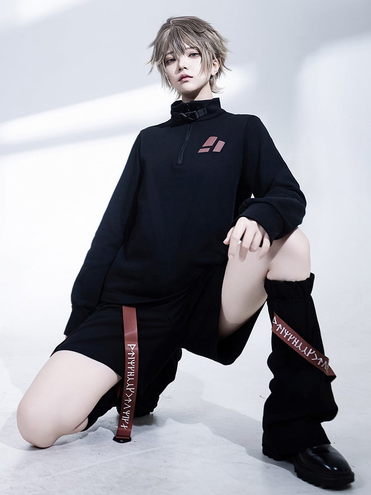 Collar Techwear Black Pullover Ouji Buckle Zip and Top