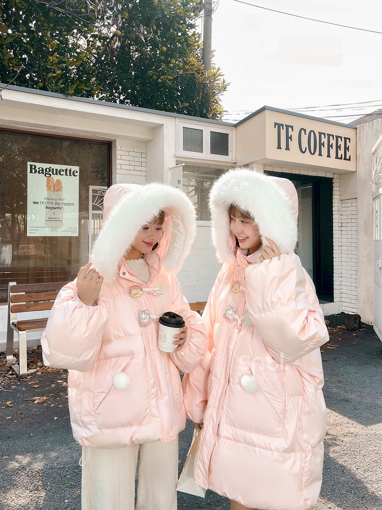 Pink Cute Bear and Kitty Plush Trim Hooded Down Coat