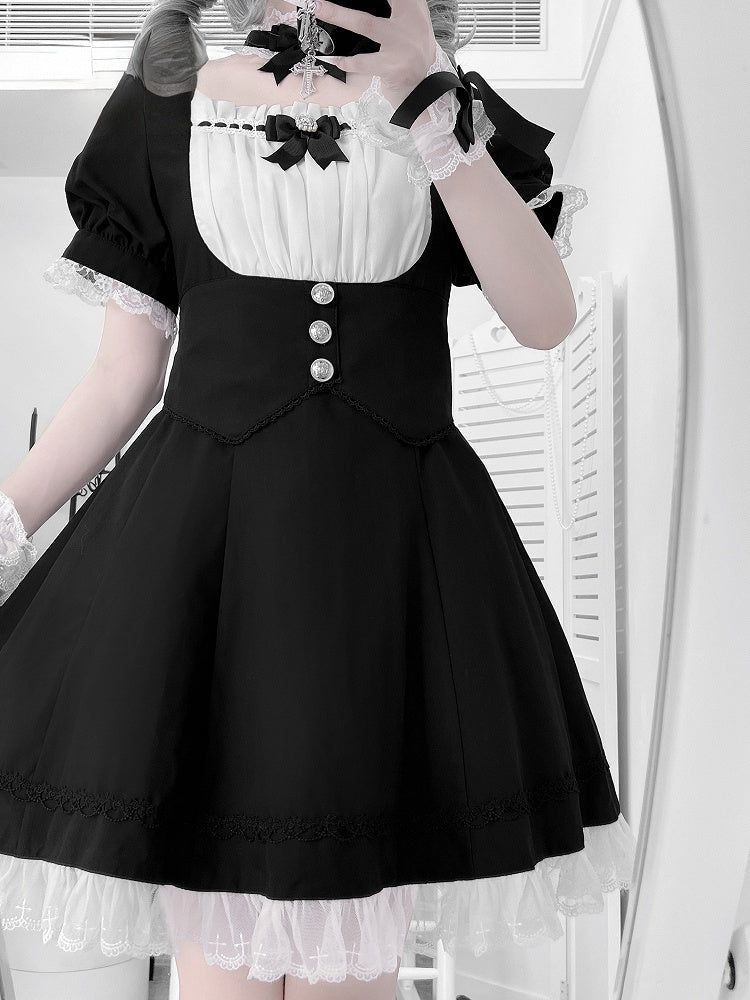 Puff Design White Sleeves Full Jirai Trim Black Corset Kei Dress Lace Belt Set- and