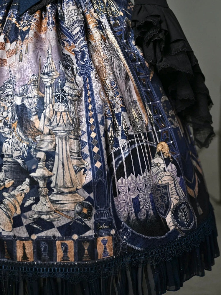 Chess Theme Blue Belt Waist Skirt Corset Print Dark Lolita
