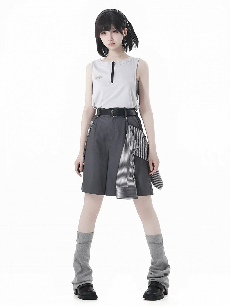 and Accessory Buckle Belt Shorts with Striped Gray Casual