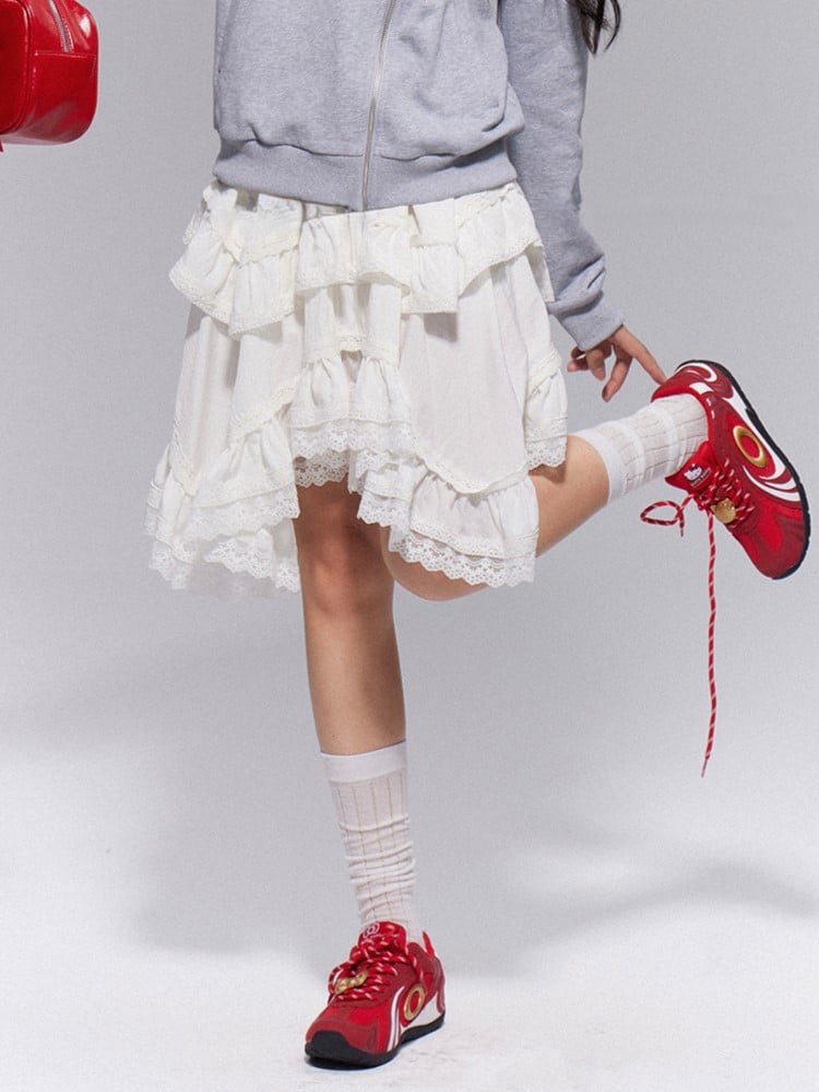 Waist Elastic with Gothic Trim Lace Skirt Tiered White
