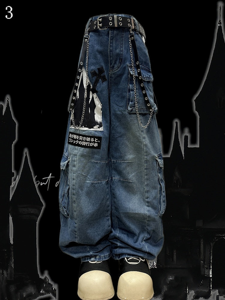 Decorated Cut Jeans Cargo Y2K Letter Pockets Blue Wide-leg Applique