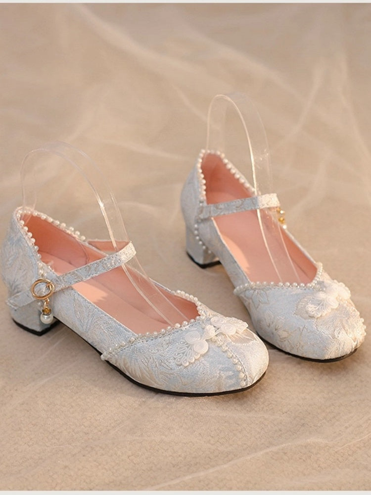 Chinese Blue with Heels Style Pattern - Satin Lolita Floral