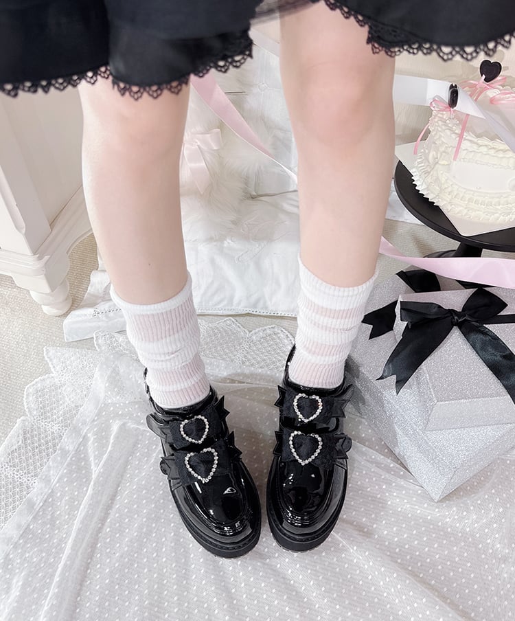 Polished Black Jirai Kei Rhinestone Heart Bowknots Velcro Strap Closures Landmine Style Platform Shoes