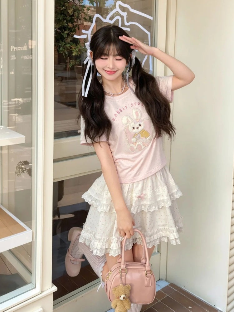 Pink Yume Adorable T-Shirt Bunny Applique Round Neck Kawaii