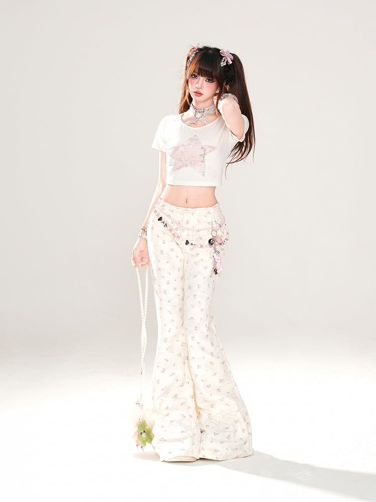 Glamorous Neck Star Print White Halter Lace Cropped T-Shirt