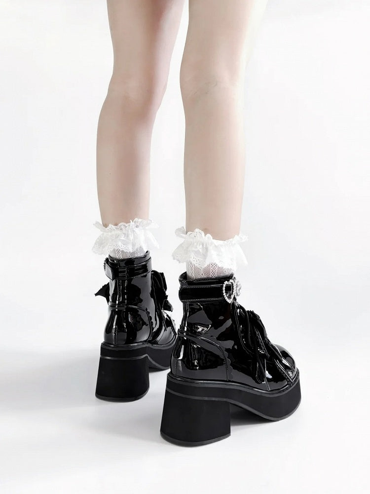Plateau Stiefeletten Schnallen Jirai Kei Poliert und Schwarz Strass Sweetheart mit