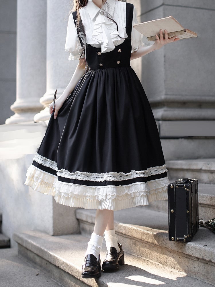 Preppy Style Black High Waist Overall Dress with Beige Lace Trim