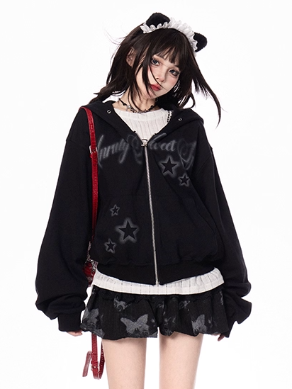 Autumn for Black Letter and Star Print Zip-up Hoodie