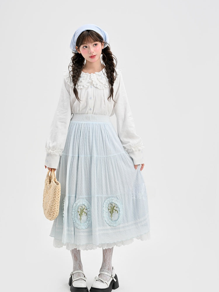 Skirt Light Blue Lily-of-the-Valley Embroidered Lace Trim Cutton