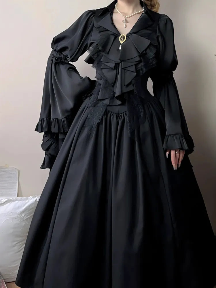 Black / Dark Blue Long Bell Sleeves Aristocrat Gothic Shirt