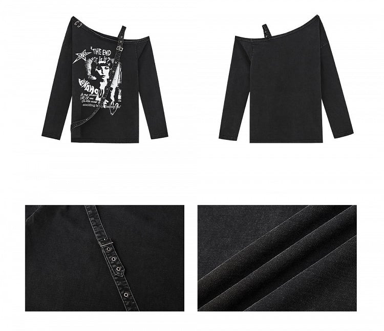 Cutout Shoulder Top Y2K Punk Black Asymmetrical