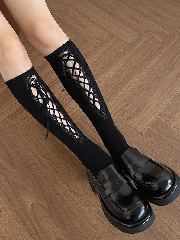 Under-Knee Detail Lace-up White/Black Stockings