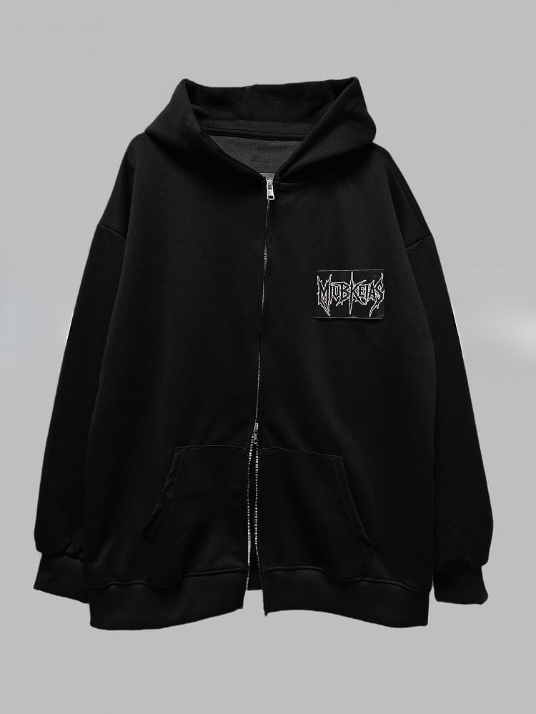Applique Two-way Placket Zip Letter Black Jacket