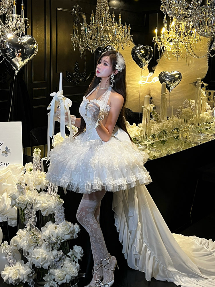 White Basque Waist Self-tie Lace Halter Neck Hanayome Lolitacore Dress