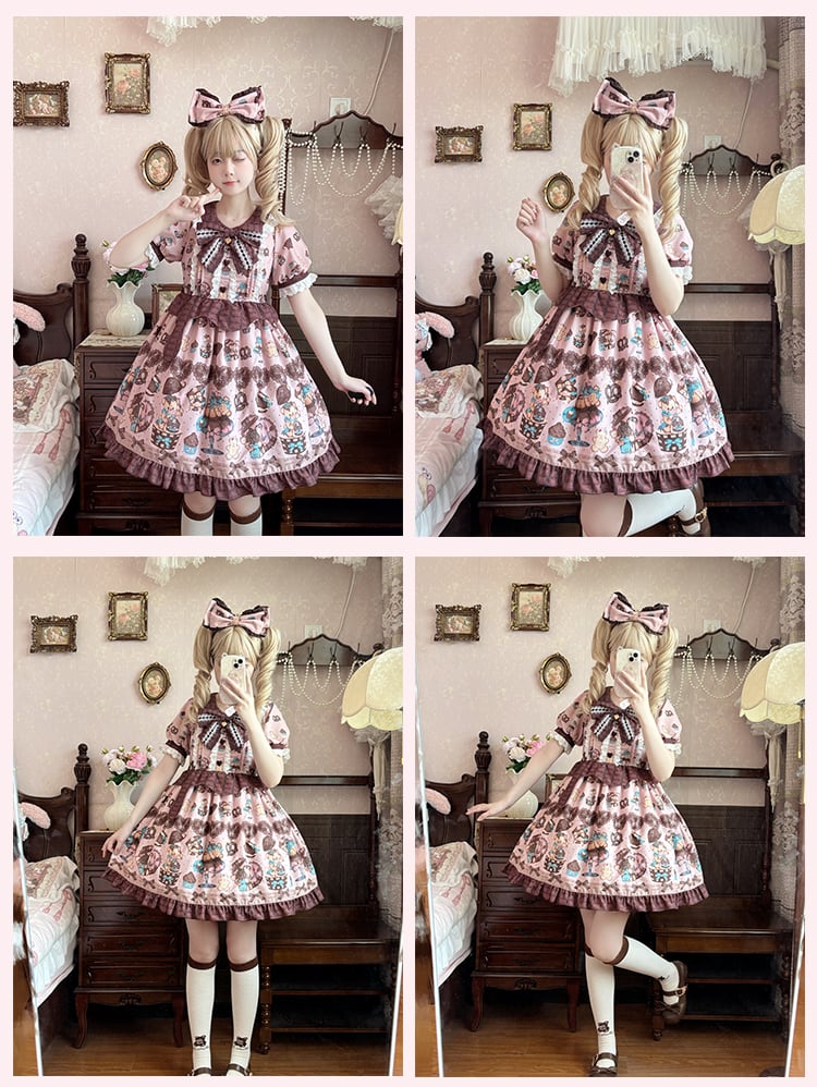 Piece Pink Lolita Dress One Vintage Teddy Bear Print Sweet Light