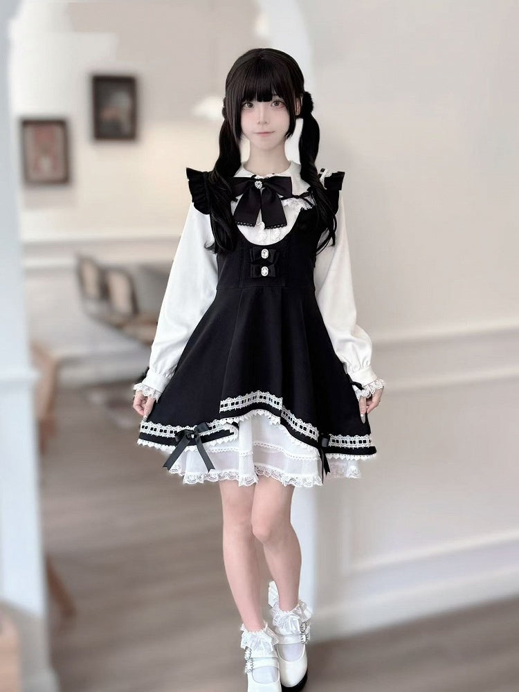 Tiered Jirai Kei Black Skirt with Bowknots on Overall Dress Hem