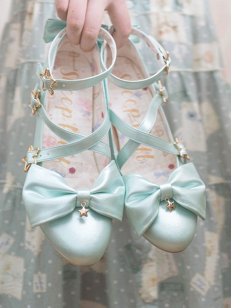 Riemen – Süße 6,5 cm Schleife Lolita Crisscross mit Sternschnalle Stil Absatzschuhe Grüne Akzente