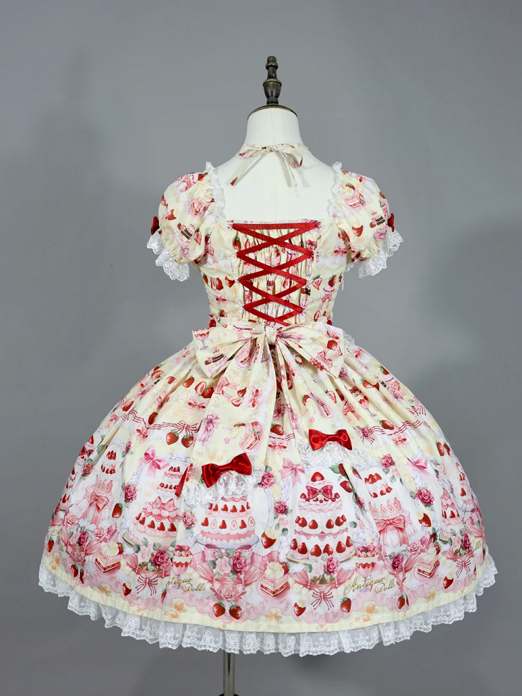 Dress Cake Strawberry / Bow Full Sweet Print Accents Yellow Set Lolita