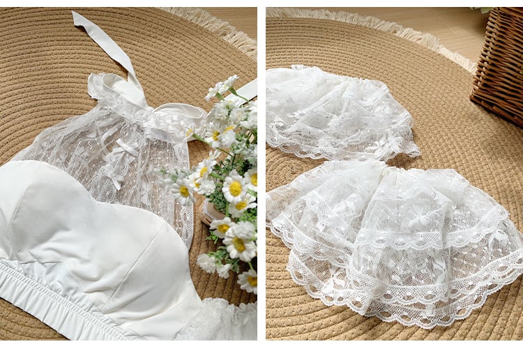 Halter White Flutter Sleeves Top Detachable Neck with Lace Cropped