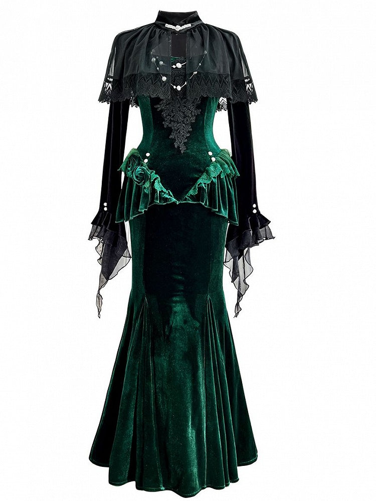Bolero mit langem grünen Samtkleid, dunkle Meerjungfrauenärmel