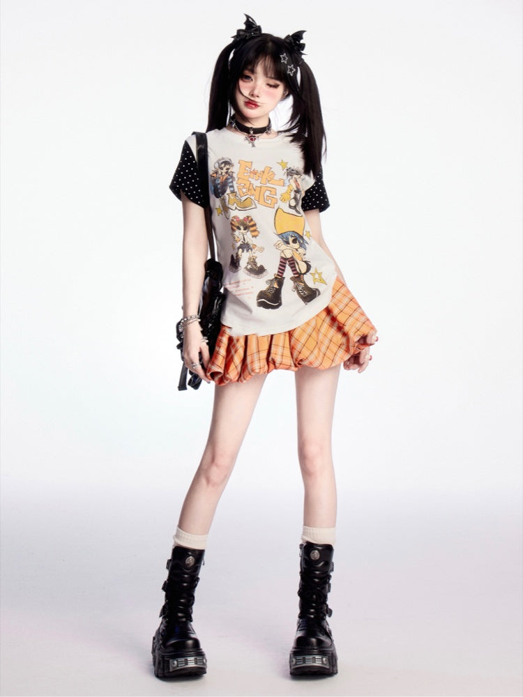 Puppy Orange Plaid Drawstring Waist Print Mini Bubble Skirt