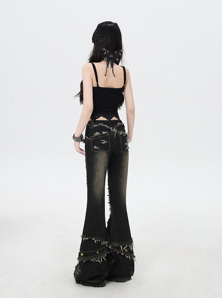 Details Y2K Black Distressed Holes Raw Cuffs Flared Jeans Rhinestone Hem