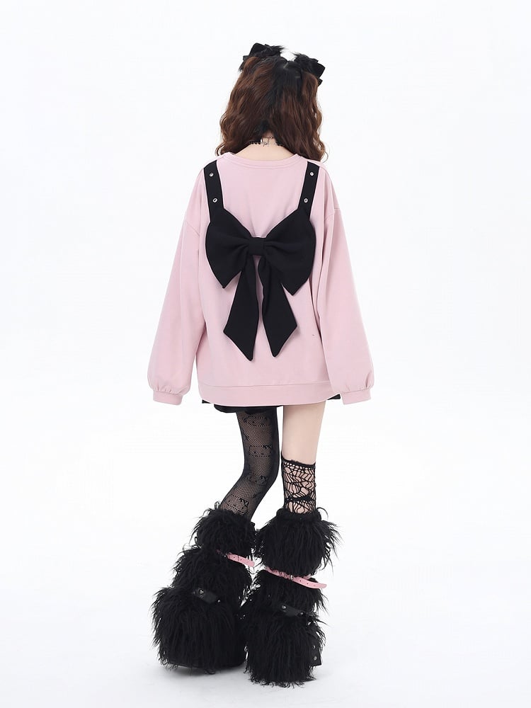 Pink/Black Cross Side-Slit Sweatshirt with Big Bow at Back