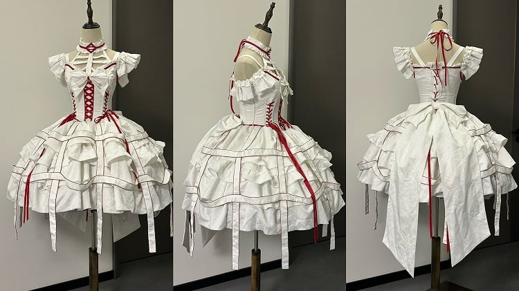 Corset Lace-ups Waist Gothic Skirt Design Birdcage White Dress and Lolita Red
