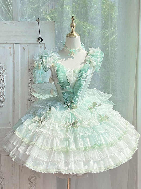 Dress Lolita Princess Layered Green Balletcore Tulip Theme Skirt